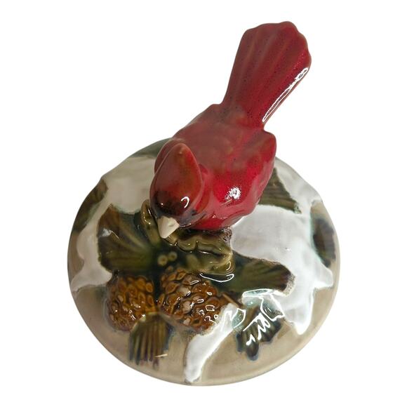 Vintage Winter Cardinal Scene Lidded Ceramic Porcelain Canister Trinket Box - Picture 3 of 10